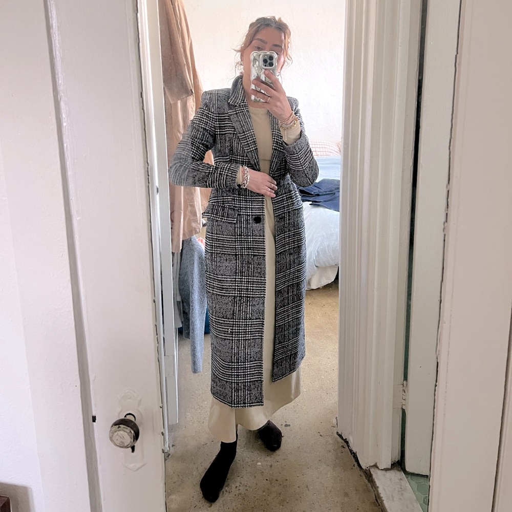 Express Black & White Plaid Long Pea Coat